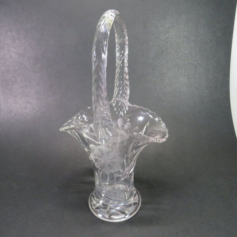 Glass flower basket with etched flower on both sides 12" tall (almost 2lbs)
